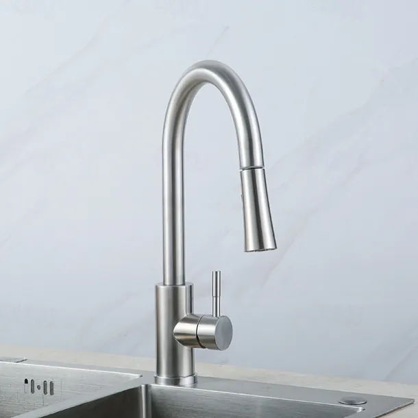Kitchen Sink Mixer Faucet with Pull-out Spray Stainless Steel, 360 Rotating Single Handle Pull Down Kitchen Vessel Taps Deck Mounted