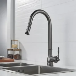Kitchen Sink Mixer Faucet with Pull Out Sprayer Grey, 360 Swivel Single Handle Spring Kitchen Taps Deck Mounted, One Hole Brass Kitchen Sink Faucet Water Vessel Taps