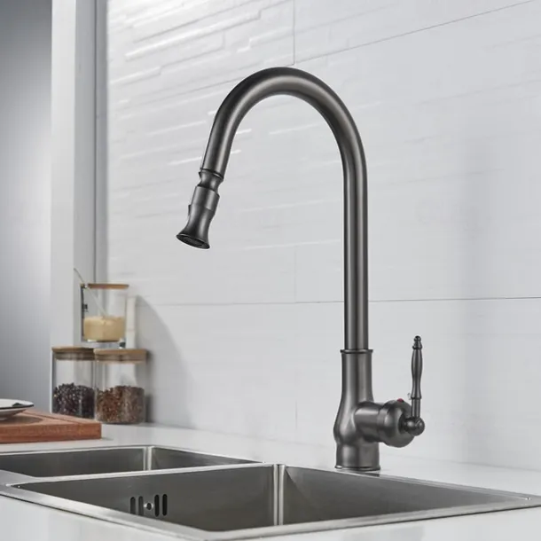 Kitchen Sink Mixer Faucet with Pull Out Sprayer Grey, 360 Swivel Single Handle Spring Kitchen Taps Deck Mounted, One Hole Brass Kitchen Sink Faucet Water Vessel Taps