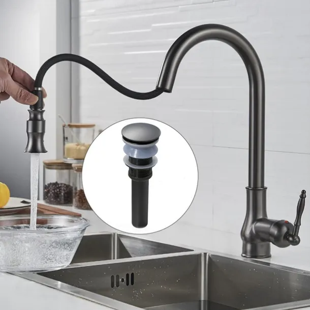 Kitchen Sink Mixer Faucet with Pull Out Sprayer Grey, 360 Swivel Single Handle Spring Kitchen Taps Deck Mounted, One Hole Brass Kitchen Sink Faucet Water Vessel Taps