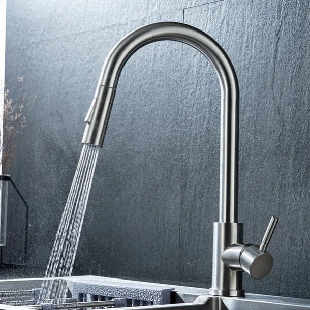 Kitchen Sink Mixer Faucet Stainless Steel with Pull Out Sprayer, 360° Rotatable Multi-function Pull Down Single Handle Kitchen Vessel Tap Brushed Gold Finish