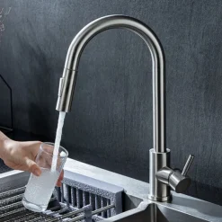 Kitchen Sink Mixer Faucet Stainless Steel with Pull Out Sprayer, 360° Rotatable Multi-function Pull Down Single Handle Kitchen Vessel Tap Brushed Gold Finish