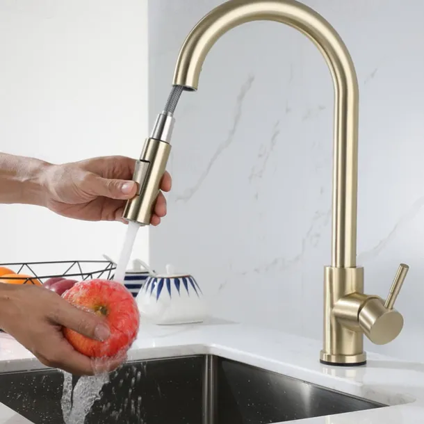 Kitchen Sink Mixer Faucet Stainless Steel with Pull Out Sprayer, 360° Rotatable Multi-function Pull Down Single Handle Kitchen Vessel Tap Brushed Gold Finish