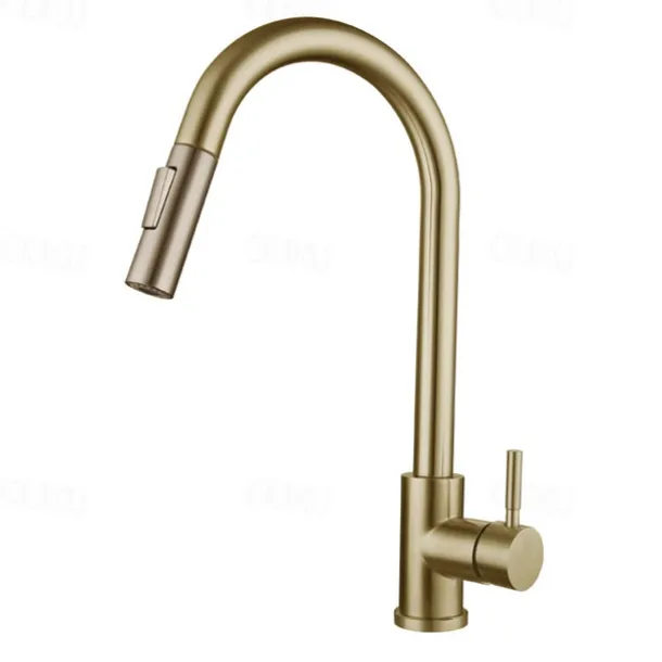 Kitchen Sink Mixer Faucet Stainless Steel with Pull Out Sprayer, 360° Rotatable Multi-function Pull Down Single Handle Kitchen Vessel Tap Brushed Gold Finish