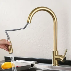 Kitchen Sink Mixer Faucet Stainless Steel with Pull Out Sprayer, 360° Rotatable Multi-function Pull Down Single Handle Kitchen Vessel Tap Brushed Gold Finish