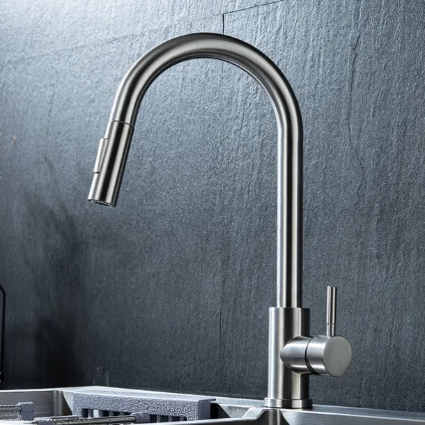 Kitchen Sink Mixer Faucet Stainless Steel with Pull Out Sprayer, 360° Rotatable Multi-function Pull Down Single Handle Kitchen Vessel Tap Brushed Gold Finish