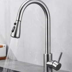 Kitchen Sink Mixer Faucet with Pull Out Spray, 360 Rotating Single Handle Pull Down Tap Nickel Brushed 304 Stainless Steel Deck Mounted Kitchen Vessel Taps