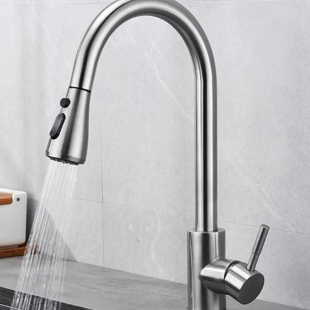 Kitchen Sink Mixer Faucet with Pull Out Spray, 360 Rotating Single Handle Pull Down Tap Nickel Brushed 304 Stainless Steel Deck Mounted Kitchen Vessel Taps
