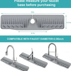 Kitchen Sink Splash Guard, 24in Faucet Mat Splash Catcher, Handle Drip Catcher Tray, Multipurpose for Kitchen Dish Drying Mats Sponge Holder and Bathroom Countertop Protect-Grey