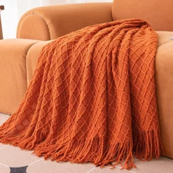 Knit Throw Blanket Textured Dark Grey Throw Blankets with Tassels Bohemian Fringe Throw Blanket