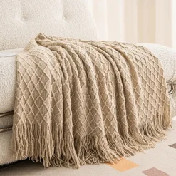 Knit Throw Blanket Textured Dark Grey Throw Blankets with Tassels Bohemian Fringe Throw Blanket