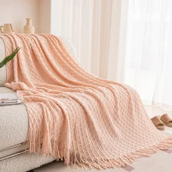 Knit Throw Blanket Textured Dark Grey Throw Blankets with Tassels Bohemian Fringe Throw Blanket