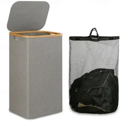100L Laundry Basket with Lid, Clothes Hampers for Laundry with Bamboo Handles and A Removable Laundry Bag, Large Foldable Laundry Hamper for Bedroom, Bathroom, Dorm, Laundry
