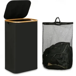 100L Laundry Basket with Lid, Clothes Hampers for Laundry with Bamboo Handles and A Removable Laundry Bag, Large Foldable Laundry Hamper for Bedroom, Bathroom, Dorm, Laundry