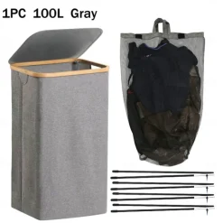 100L Laundry Basket with Lid, Clothes Hampers for Laundry with Bamboo Handles and A Removable Laundry Bag, Large Foldable Laundry Hamper for Bedroom, Bathroom, Dorm, Laundry