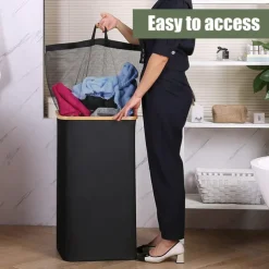 100L Laundry Basket with Lid, Clothes Hampers for Laundry with Bamboo Handles and A Removable Laundry Bag, Large Foldable Laundry Hamper for Bedroom, Bathroom, Dorm, Laundry