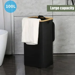 100L Laundry Basket with Lid, Clothes Hampers for Laundry with Bamboo Handles and A Removable Laundry Bag, Large Foldable Laundry Hamper for Bedroom, Bathroom, Dorm, Laundry