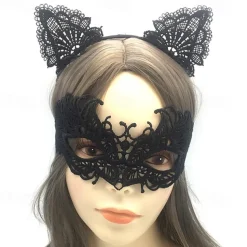Lace Masquerade Mask for Women, Black Masquerade Mask for Women Cat Mask Cat Ear Headband with Heart Chokerl
