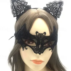 Lace Masquerade Mask for Women, Black Masquerade Mask for Women Cat Mask Cat Ear Headband with Heart Chokerl