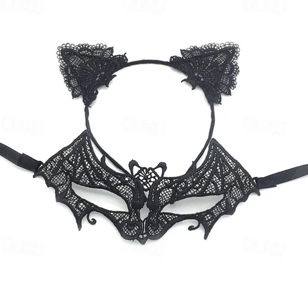 Lace Masquerade Mask for Women, Black Masquerade Mask for Women Cat Mask Cat Ear Headband with Heart Chokerl