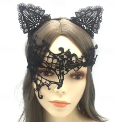 Lace Masquerade Mask for Women, Black Masquerade Mask for Women Cat Mask Cat Ear Headband with Heart Chokerl