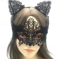 Lace Masquerade Mask for Women, Black Masquerade Mask for Women Cat Mask Cat Ear Headband with Heart Chokerl
