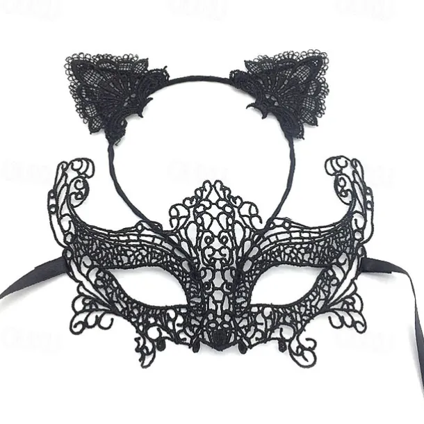 Lace Masquerade Mask for Women, Black Masquerade Mask for Women Cat Mask Cat Ear Headband with Heart Chokerl