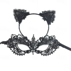 Lace Masquerade Mask for Women, Black Masquerade Mask for Women Cat Mask Cat Ear Headband with Heart Chokerl