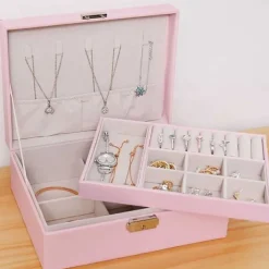 Lady PU Leather Jewelry Box Storage Box Earrings Bracelet Necklace Ring Display Case Double layer Portable Jewelry Organizer 23X17X9CM