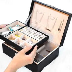 Lady PU Leather Jewelry Box Storage Box Earrings Bracelet Necklace Ring Display Case Double layer Portable Jewelry Organizer 23X17X9CM
