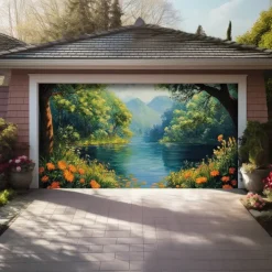 Landscape Door Decorations Garage Door Cover Spring Lake Outdoor Banner Large Backdrop for Holiday Outdoor Garage Door Home Wall Decorations