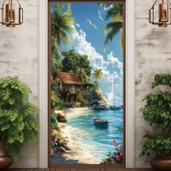 Landscape Door Decorations Door Covers Beach Palm Tree Door Tapestry Door Curtain Decoration Backdrop Indoor/Outdoor Door Banner for Front Door Farmhouse