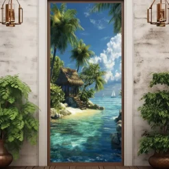 Landscape Door Decorations Door Covers Beach Palm Tree Door Tapestry Door Curtain Decoration Backdrop Indoor/Outdoor Door Banner for Front Door Farmhouse