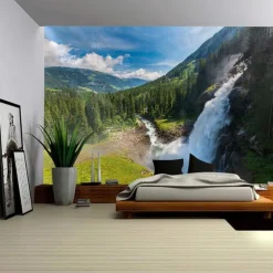 Landscape Forest Waterfall Hanging Tapestry Wall Art Large Tapestry Mural Decor Photograph Backdrop Blanket Curtain Home Bedroom Living Room Decoration