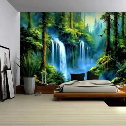 Landscape Forest Waterfall Hanging Tapestry Wall Art Large Tapestry Mural Decor Photograph Backdrop Blanket Curtain Home Bedroom Living Room Decoration