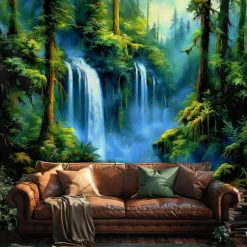 Landscape Forest Waterfall Hanging Tapestry Wall Art Large Tapestry Mural Decor Photograph Backdrop Blanket Curtain Home Bedroom Living Room Decoration