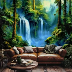 Landscape Forest Waterfall Hanging Tapestry Wall Art Large Tapestry Mural Decor Photograph Backdrop Blanket Curtain Home Bedroom Living Room Decoration