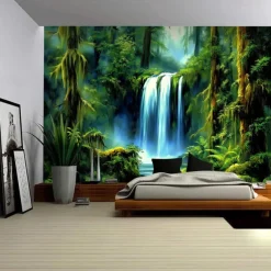 Landscape Forest Waterfall Hanging Tapestry Wall Art Large Tapestry Mural Decor Photograph Backdrop Blanket Curtain Home Bedroom Living Room Decoration