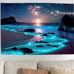Landscape Night Ocean Hanging Tapestry Wall Art Large Tapestry Mural Decor Photograph Backdrop Blanket Curtain Home Bedroom Living Room Decoration
