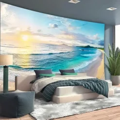Landscape Ocean Beach Hanging Tapestry Wall Art Large Tapestry Mural Decor Photograph Backdrop Blanket Curtain Home Bedroom Living Room Decoration
