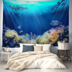 Landscape Ocean Fishes Hanging Tapestry Wall Art Large Tapestry Mural Decor Photograph Backdrop Blanket Curtain Home Bedroom Living Room Decoration