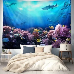 Landscape Ocean Fishes Hanging Tapestry Wall Art Large Tapestry Mural Decor Photograph Backdrop Blanket Curtain Home Bedroom Living Room Decoration