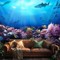 Landscape Ocean Fishes Hanging Tapestry Wall Art Large Tapestry Mural Decor Photograph Backdrop Blanket Curtain Home Bedroom Living Room Decoration