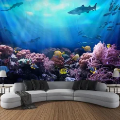 Landscape Ocean Fishes Hanging Tapestry Wall Art Large Tapestry Mural Decor Photograph Backdrop Blanket Curtain Home Bedroom Living Room Decoration