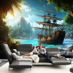 Landscape Ocean Pirate Boat Hanging Tapestry Wall Art Large Tapestry Mural Decor Photograph Backdrop Blanket Curtain Home Bedroom Living Room Decoration