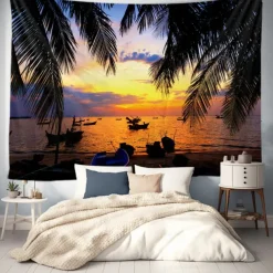 Landscape Sunset Beach Hanging Tapestry Wall Art Large Tapestry Mural Decor Photograph Backdrop Blanket Curtain Home Bedroom Living Room Decoration Palm Tree