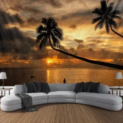 Landscape Sunset Beach Hanging Tapestry Wall Art Large Tapestry Mural Decor Photograph Backdrop Blanket Curtain Home Bedroom Living Room Decoration Palm Tree