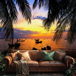 Landscape Sunset Beach Hanging Tapestry Wall Art Large Tapestry Mural Decor Photograph Backdrop Blanket Curtain Home Bedroom Living Room Decoration Palm Tree