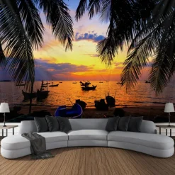 Landscape Sunset Beach Hanging Tapestry Wall Art Large Tapestry Mural Decor Photograph Backdrop Blanket Curtain Home Bedroom Living Room Decoration Palm Tree