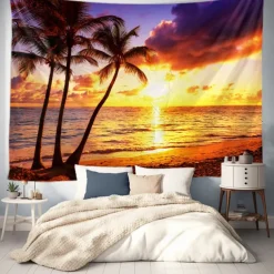 Landscape Sunset Beach Hanging Tapestry Wall Art Large Tapestry Mural Decor Photograph Backdrop Blanket Curtain Home Bedroom Living Room Decoration Palm Tree